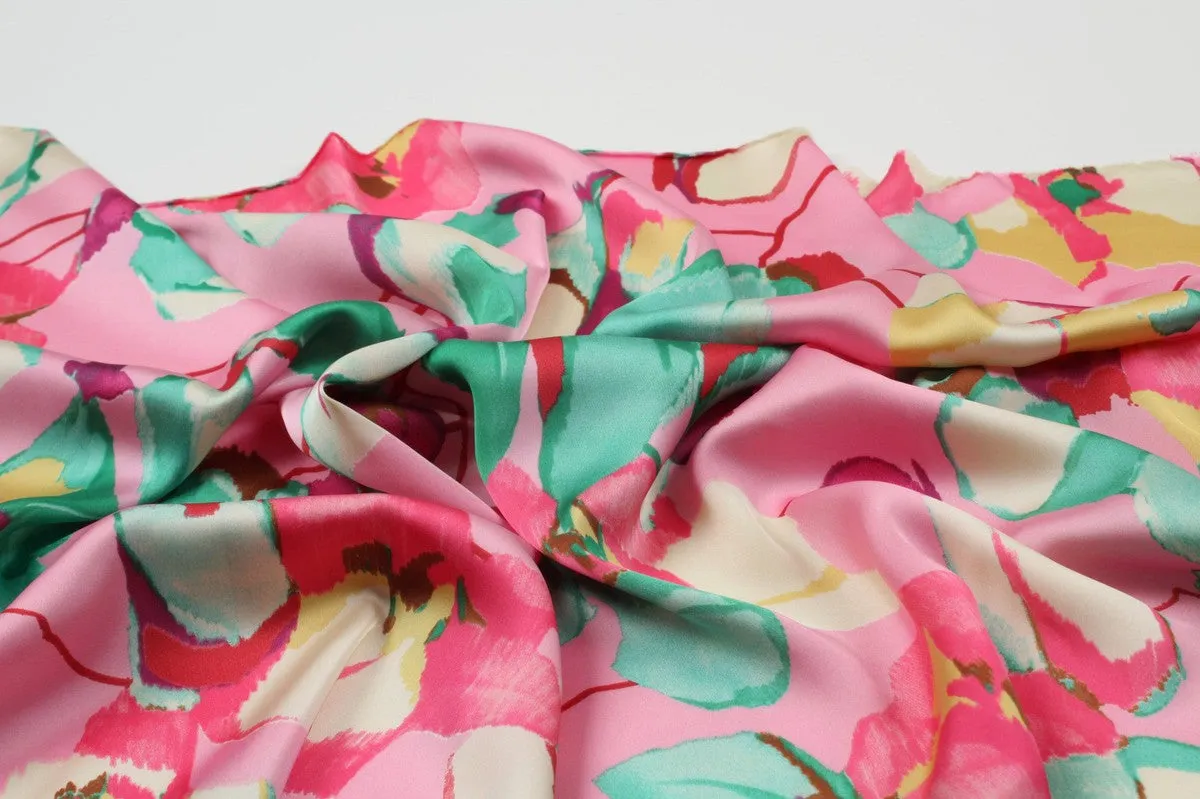 Shiny Satin - Pink - Flowers Print