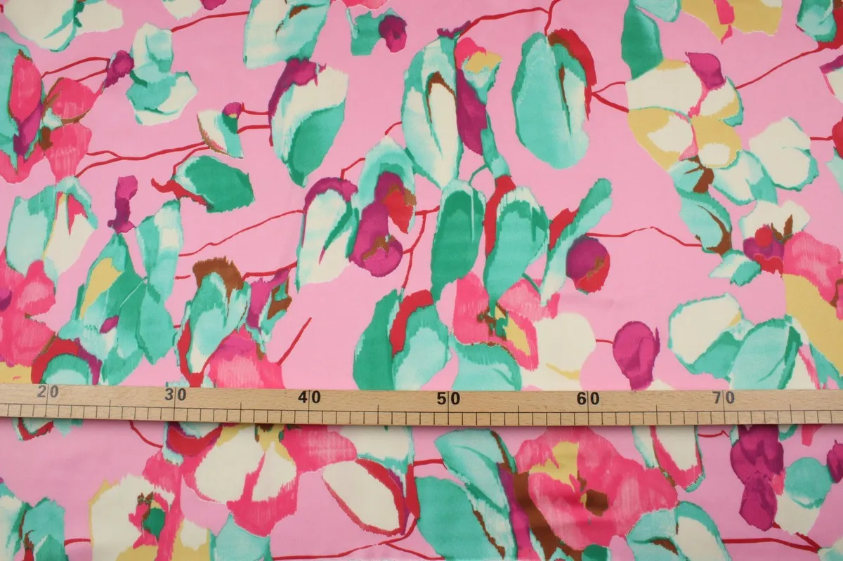 Shiny Satin - Pink - Flowers Print