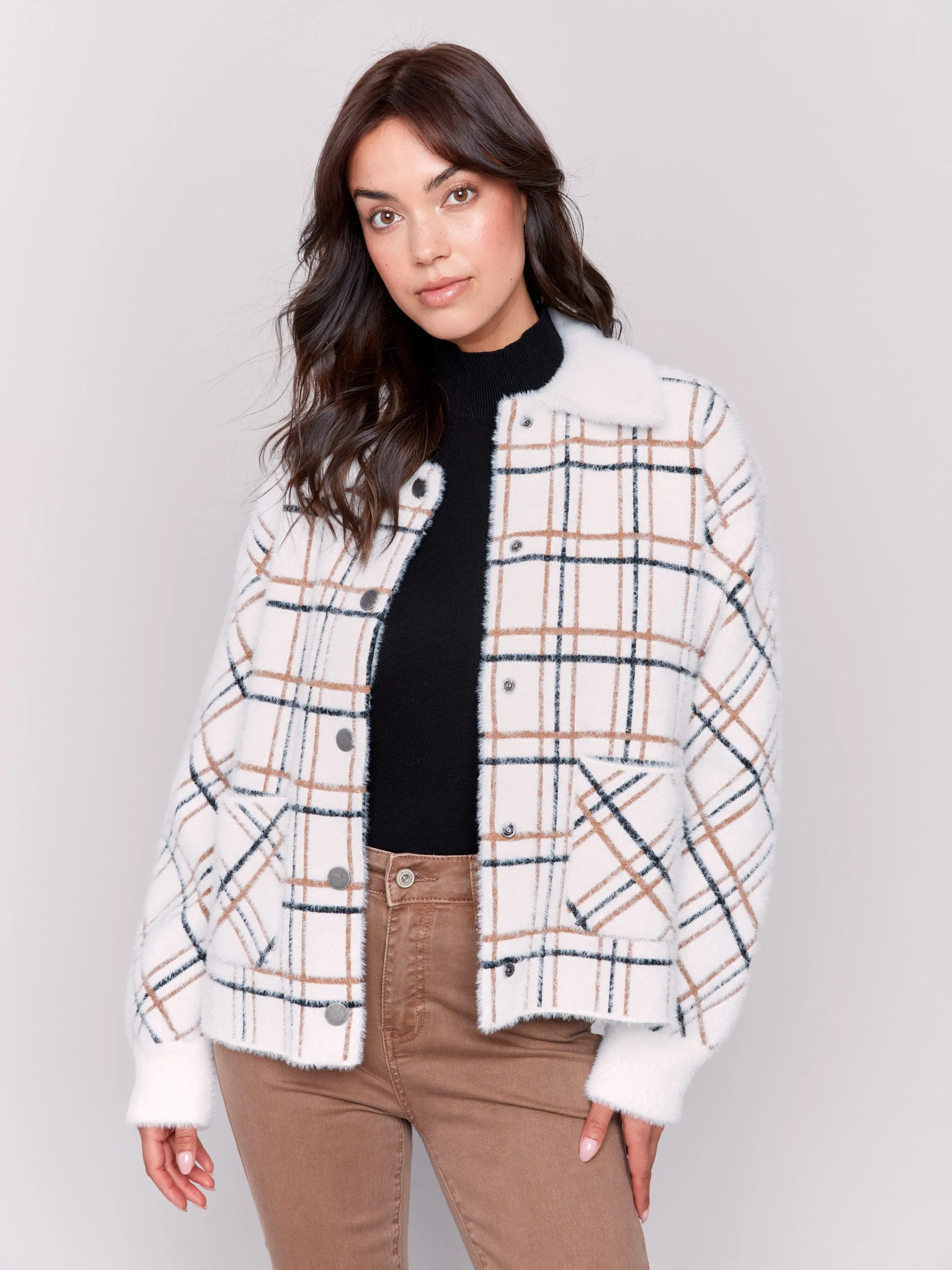 Short Plaid Knit Jacket - Terracotta