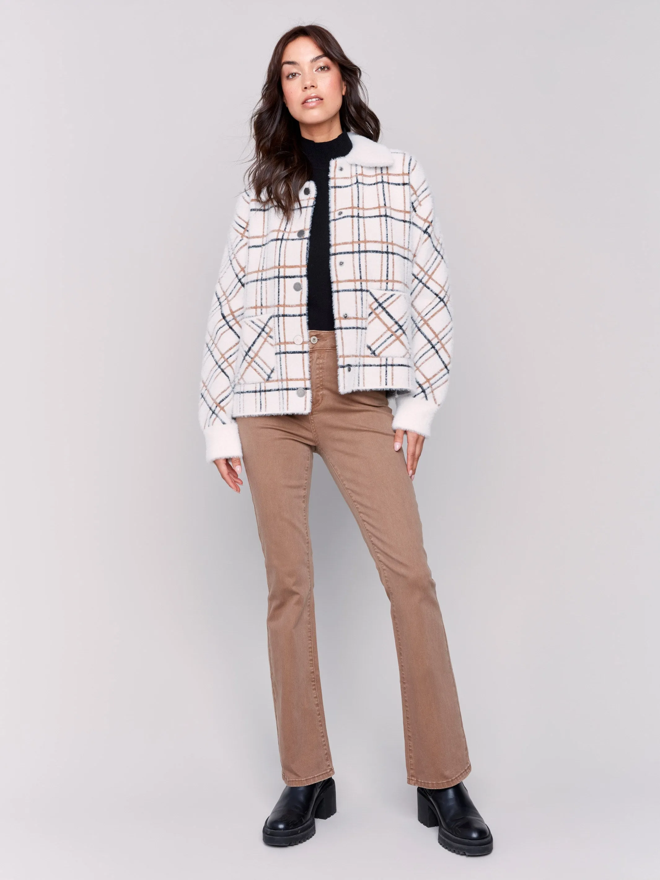 Short Plaid Knit Jacket - Terracotta