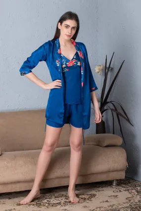 Slip, shorts & Robe Night suit in Blue