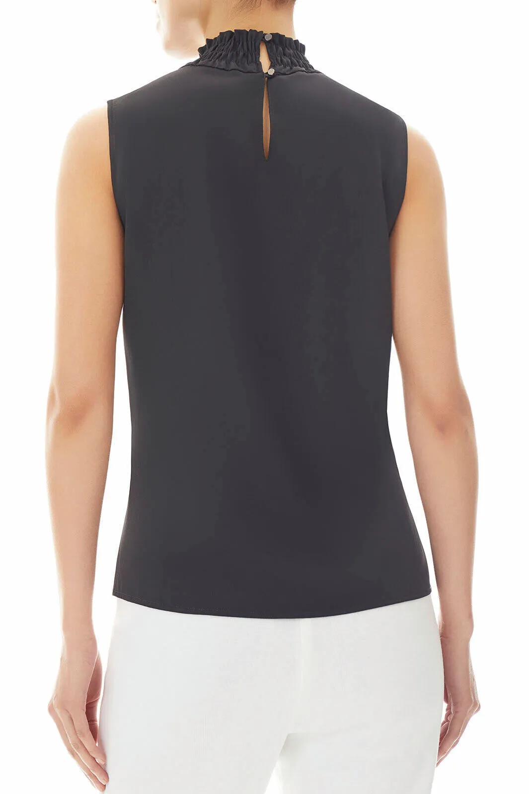 Smocked Neckline Crepe de Chine Blouse, Black