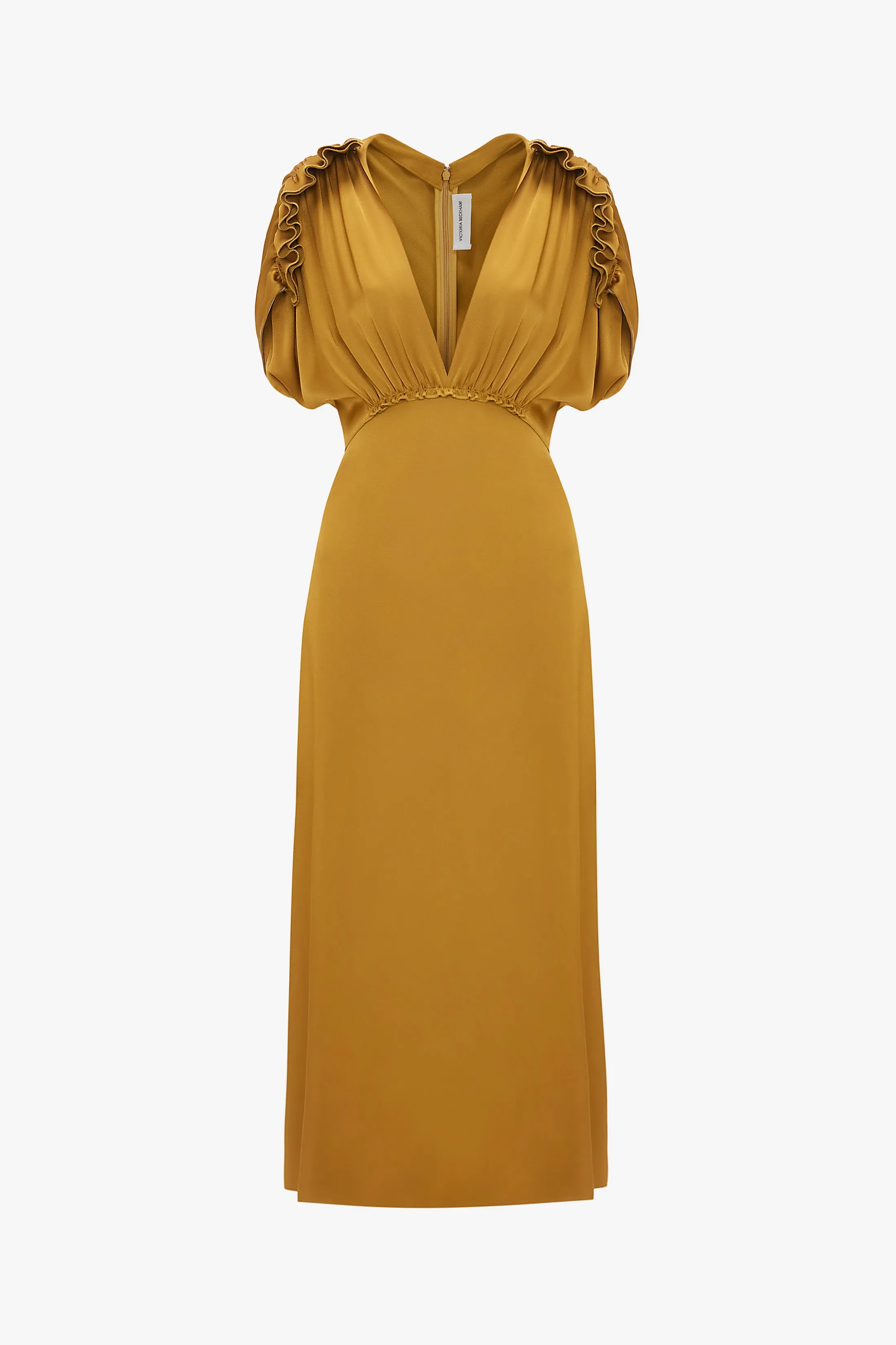 V-Neck Ruffle Midi Dress In Harvest Gold