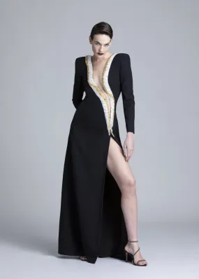 VESTIDO LONGO COM DECOTE SERPENTE BORDADO