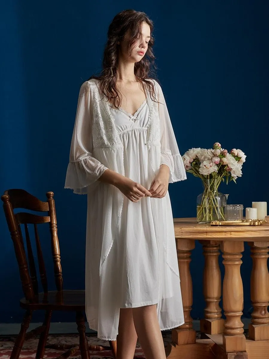 Vintage Delicate Robe Sets V-neck Long Sleeve Embroidery Lace, Victorian Nightgown