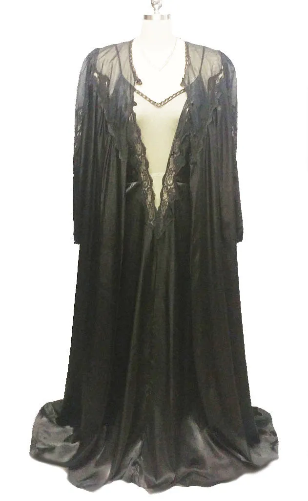 *VINTAGE INTIME OF CALIFORNA HEAVY SATIN BLACK LACE PEIGNOIR & NIGHTGOWN SET