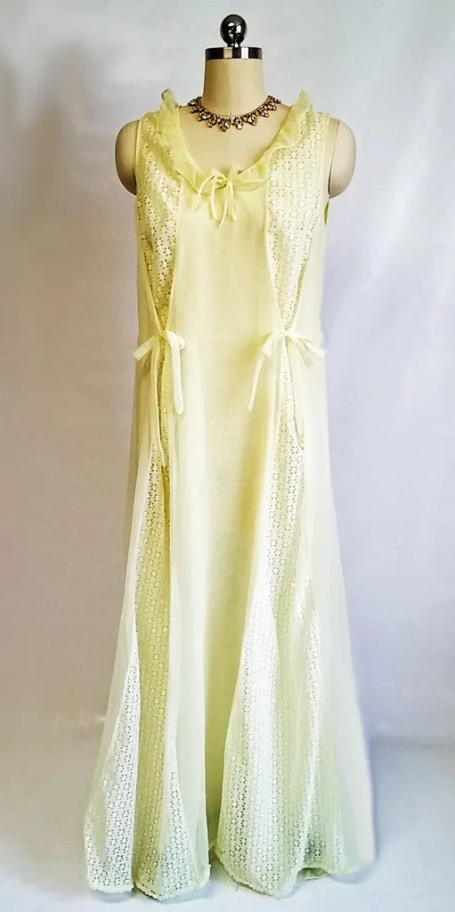 *VINTAGE SWISSETTE ORIGNAL EYELET PEIGNOIR & DOUBLE NYLON NIGHTGOWN SET IN LEMON MERINGUE