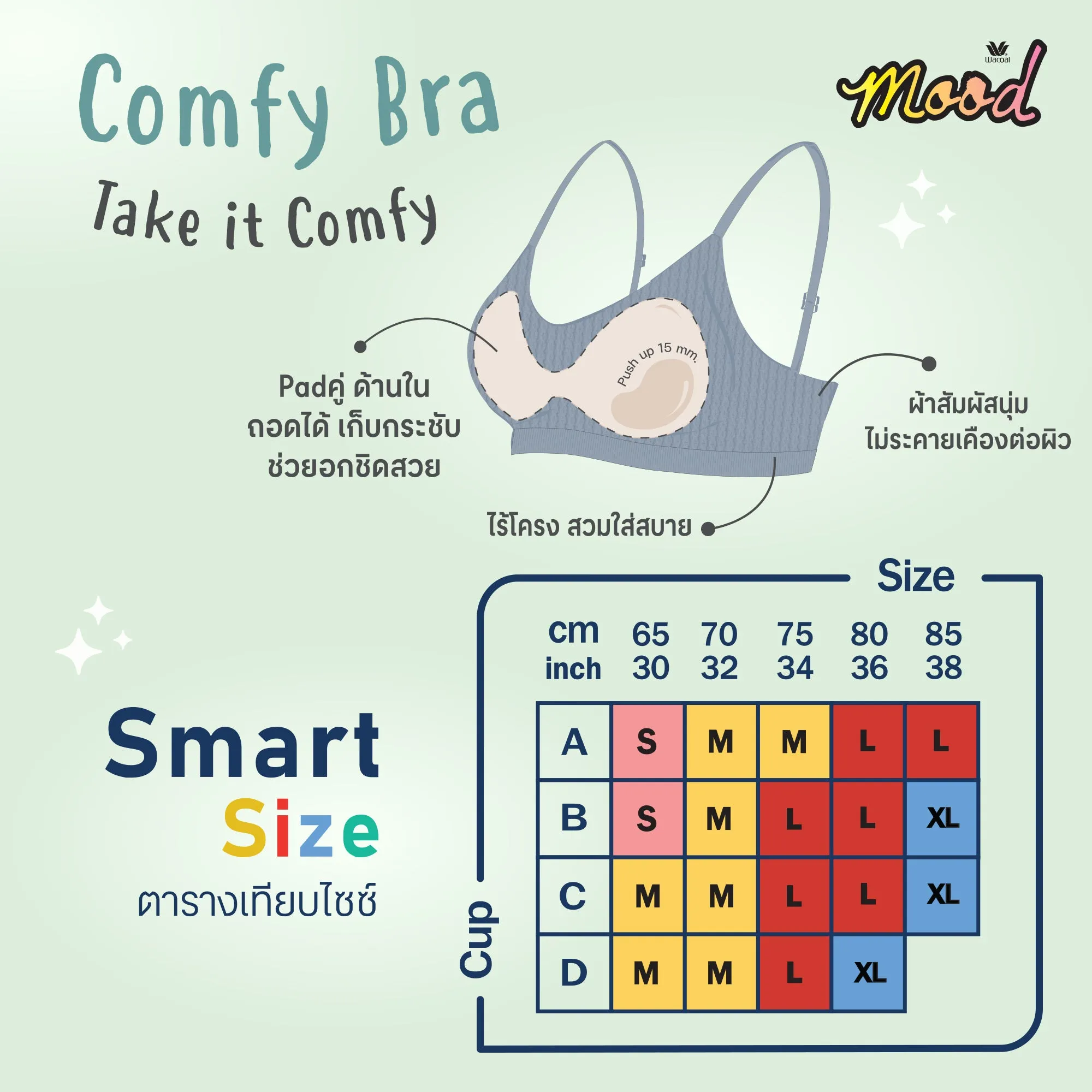 Wacoal Mood Comfy Smart Size (บราและกางเกงใน) รุ่น MM1X73  สีเทา (GY)