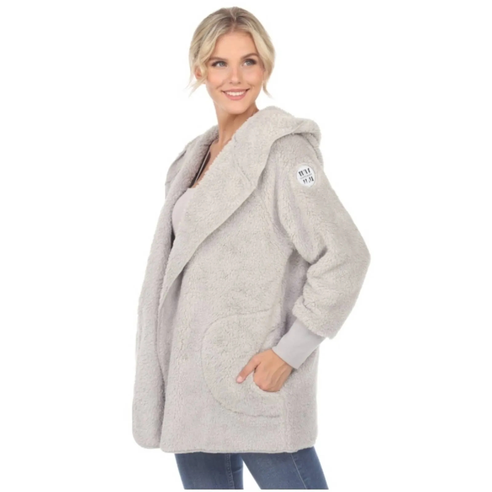 WHITE MARK Plush Hooded with Pockets Open Front Jacket