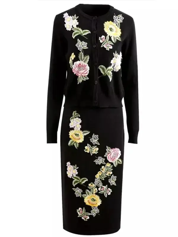 Women’s Black Multi Floral Embroidered Knit Cardigan and Skirt Set