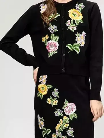 Women’s Black Multi Floral Embroidered Knit Cardigan and Skirt Set