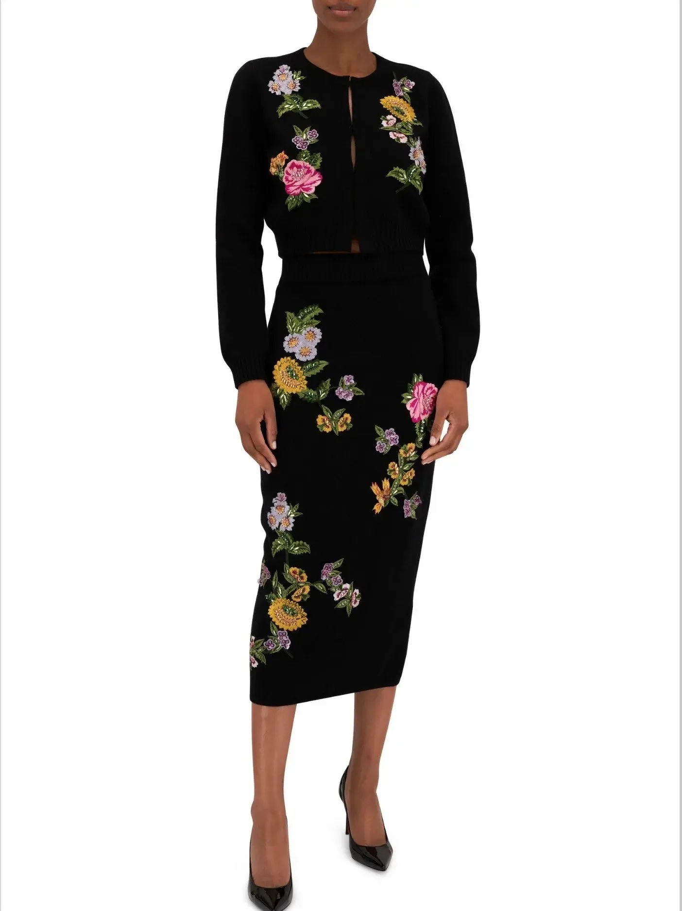 Women’s Black Multi Floral Embroidered Knit Cardigan and Skirt Set