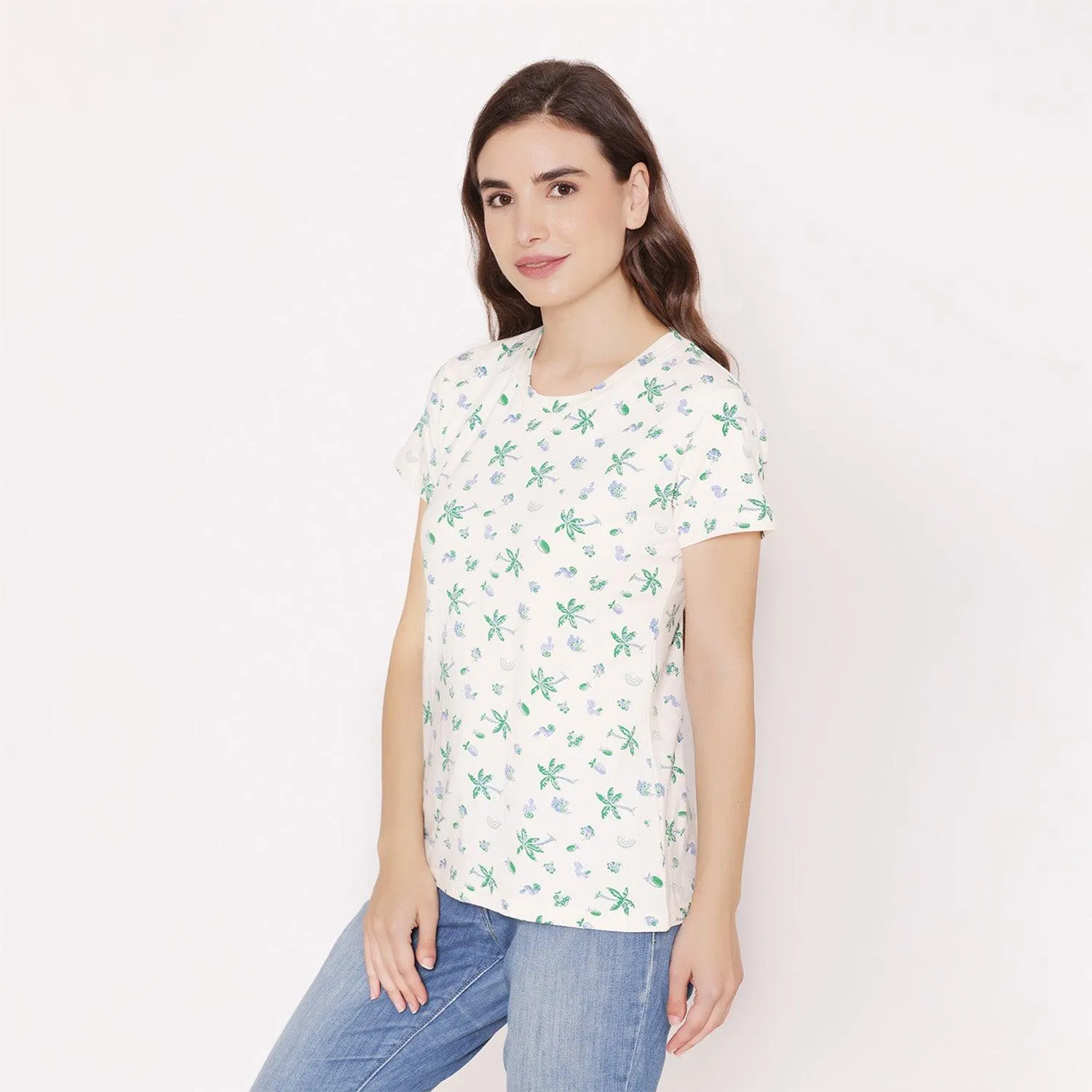 Women's Printed Half Sleeve Casual T-Shirt - Off White