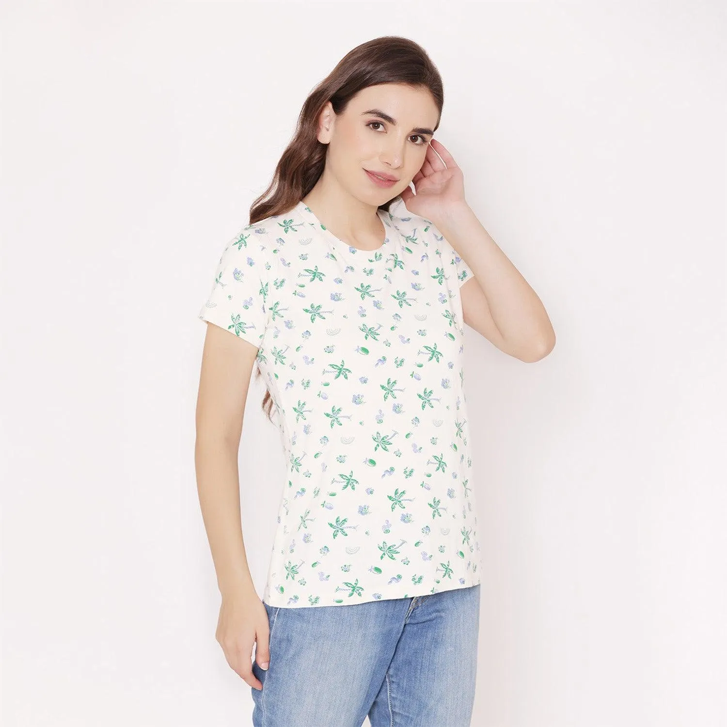 Women's Printed Half Sleeve Casual T-Shirt - Off White