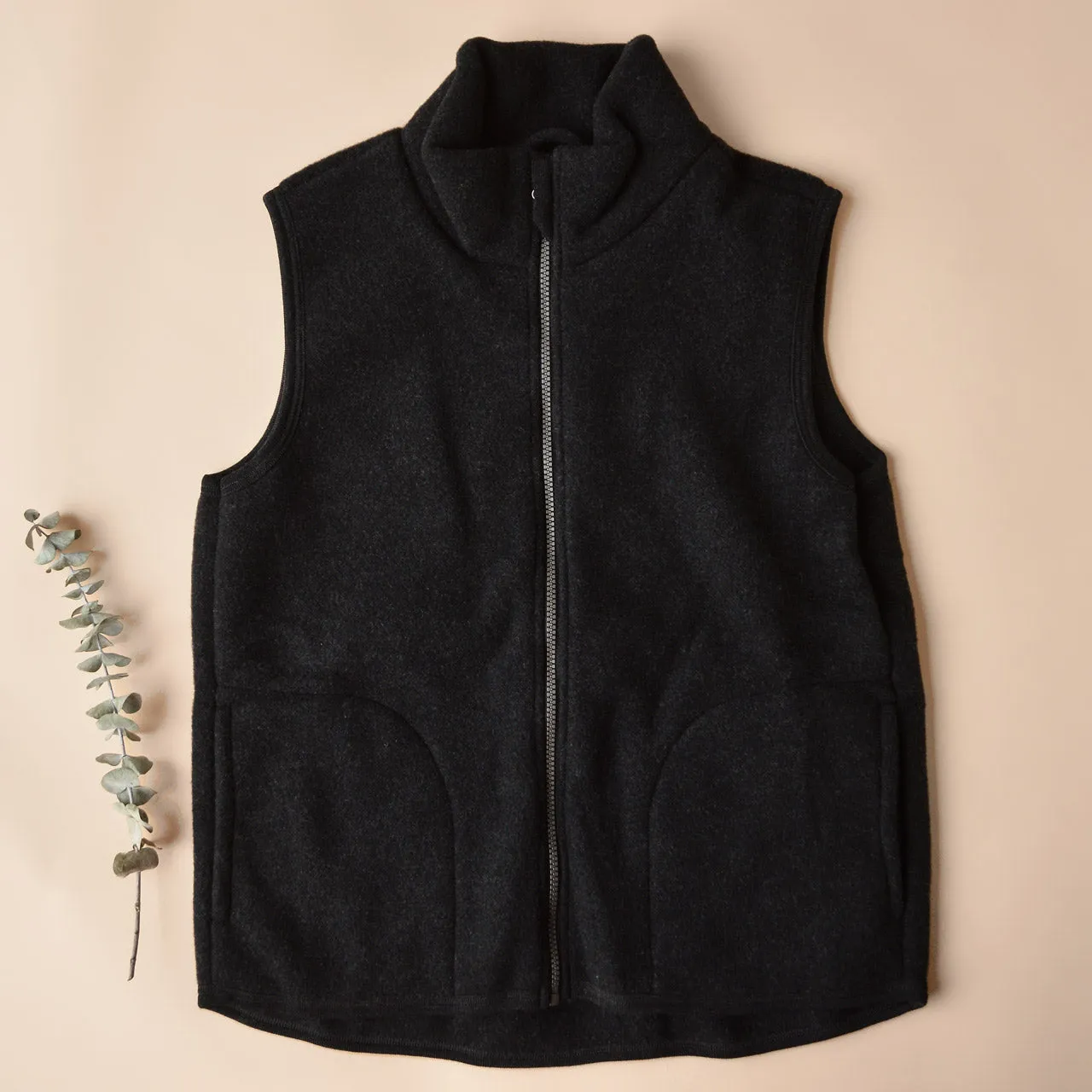 Women's Zip Vest - 100% Organic Wool Fleece - Black (XS-L)